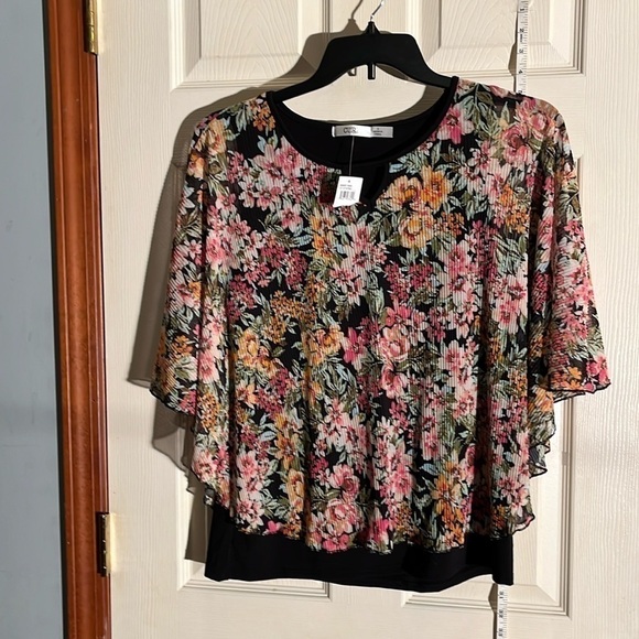 NWT-cure-S-black tank top with flowy sheer multicolored floral design top/blouse - Picture 1 of 10